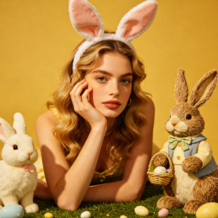 4:3 centered composition, blonde European woman wearing a fluffy bunny ear headband, resting elbows on the grass, with a white rabbit plush and a straw bunny figurine in a suit beside her, holding an Easter egg, with a warm vintage yellow tone and strong film texture, full of retro spring atmosphere.