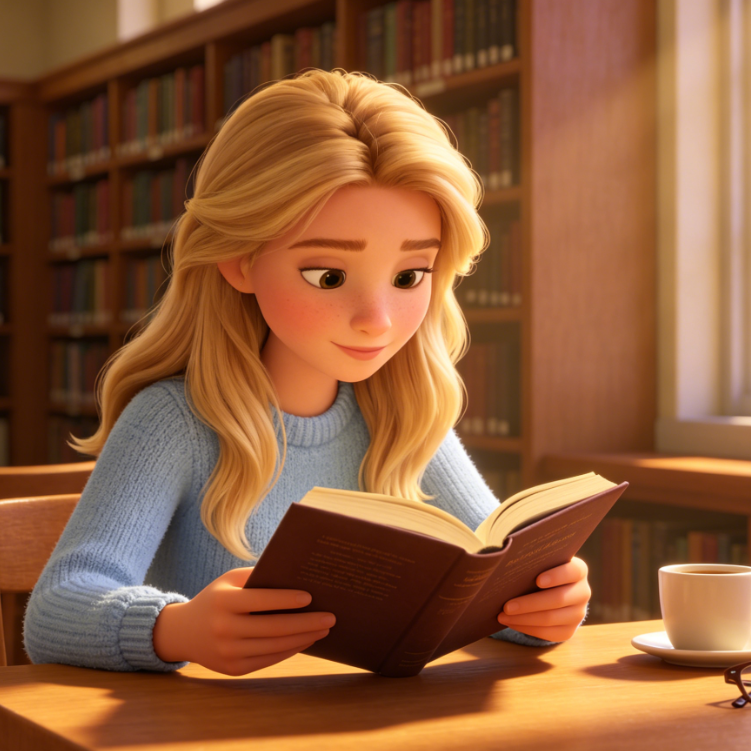 Pixar-style 3D animation of a blonde European girl reading in a library, wearing a light blue knit sweater with warm soft light, wooden bookshelves in the background, quiet and healing atmosphere.
