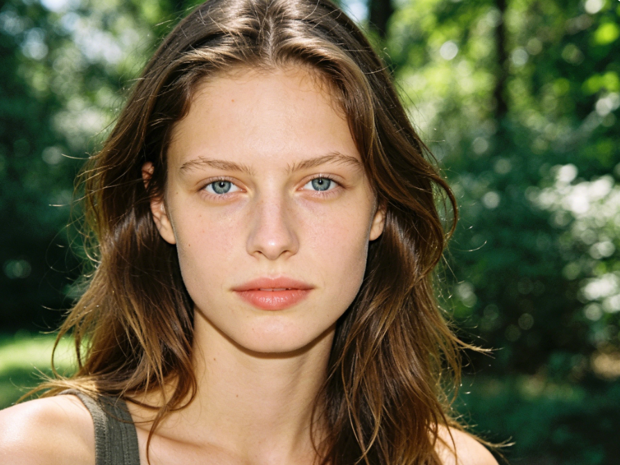 Standard 4:3 frame plain European and American woman, unmodified original eyebrows, original facial expression, features and hairstyle
