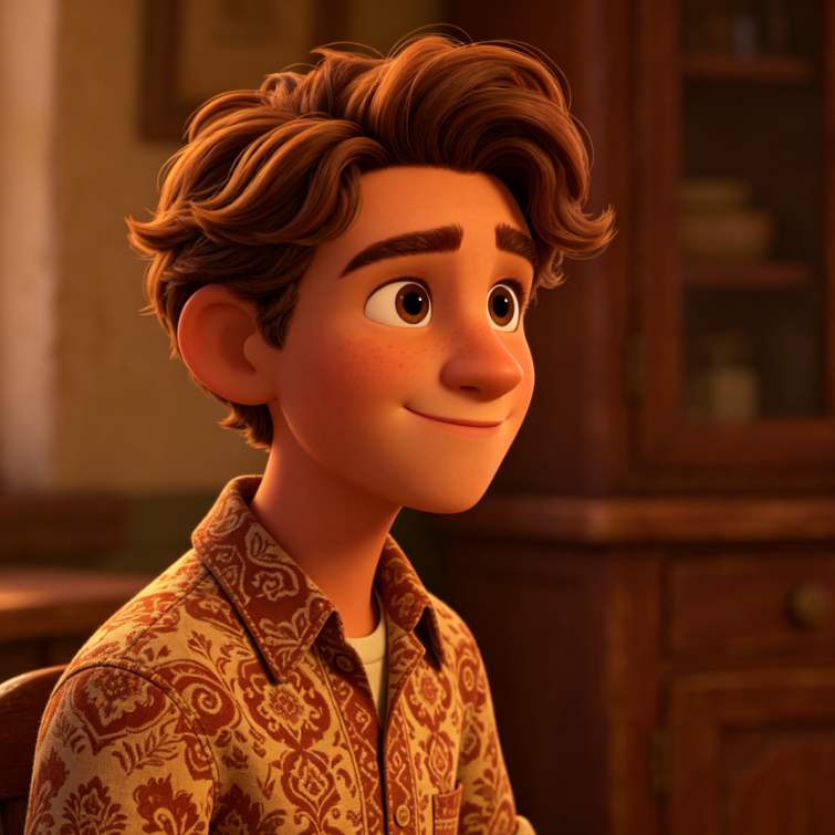 Pixar-style 3D animation bust portrait of a brown-haired European teen boy, wearing a vintage-patterned shirt, warm indoor lighting with wooden furniture background, detailed retro texture.