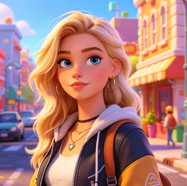 Pixar-style 3D animation street portrait of a blonde European girl in a color-block baseball jacket, against a bright cartoon city background, full of youthful energy and fashion sense.