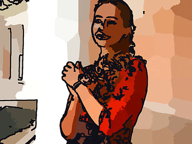 AI color layered stencil cut-out effect European woman half-body portrait, SLIC superpixel segmented color blocks, structured stencil texture with dark gray contour lines, vintage print pop art quality, trendy artistic visual design asset, 4:3 ratio layered block stencil template