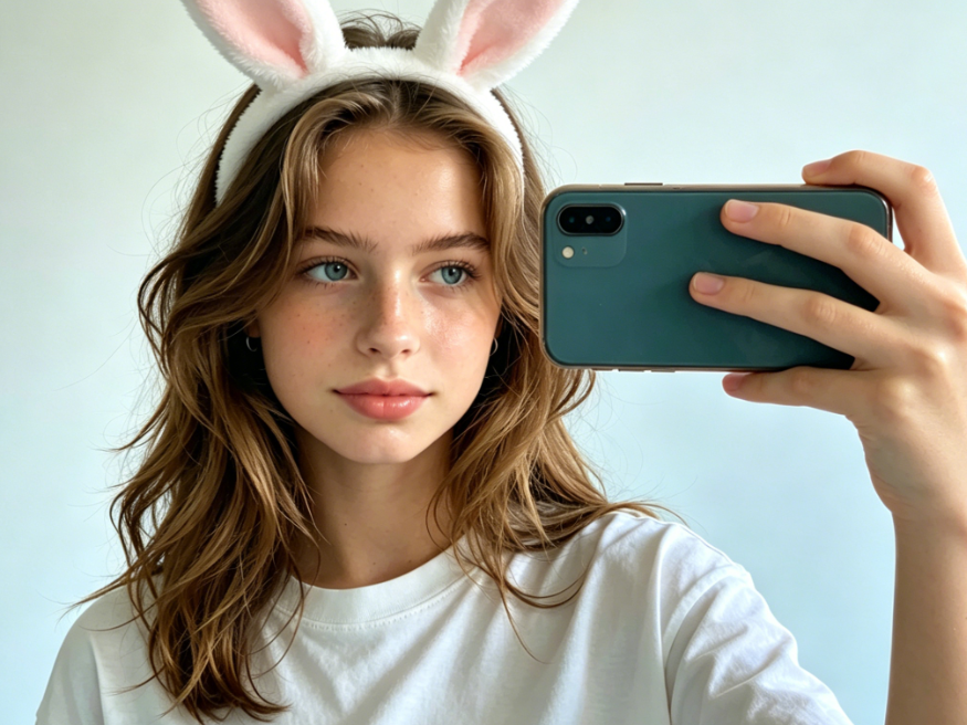 Same female portrait with soft white Easter bunny ears fitted on head, lovely and cute look