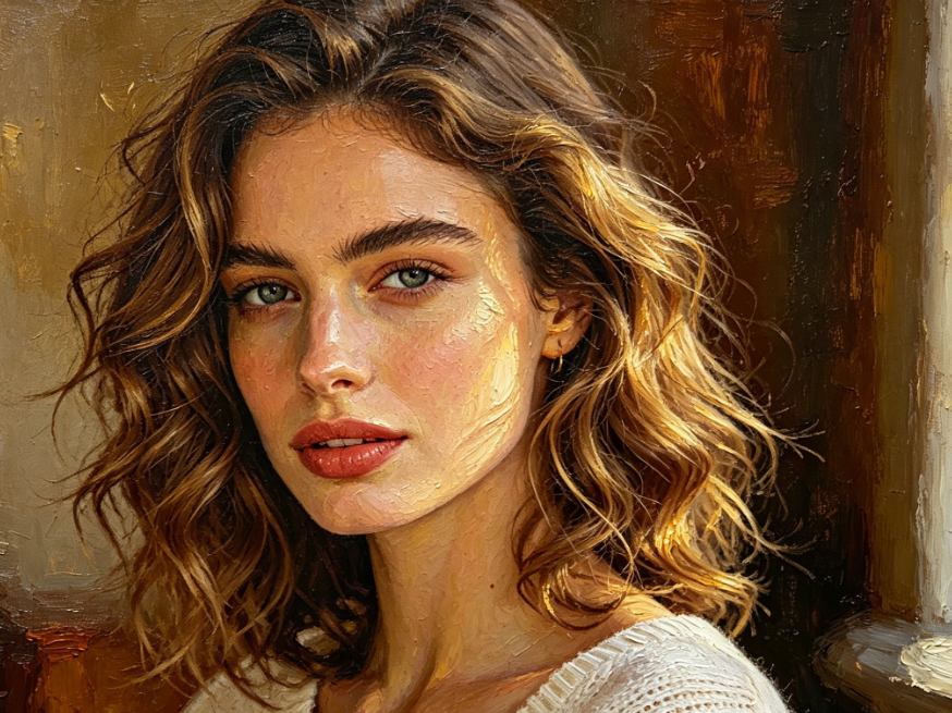 4:3 classical oil painting portrait of a European woman, with thick paint strokes, warm retro colors, canvas texture, retaining the facial features and wavy hair from the original photo, presenting an artistic classical oil painting atmosphere.