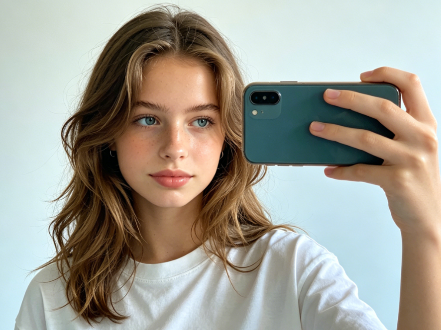 Fresh European young woman facing camera, simple daily selfie style with natural clean view