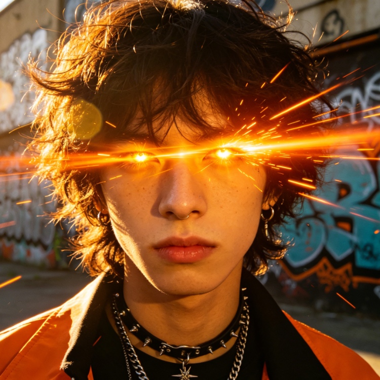 Portrait of European street youth with blazing orange laser eyes, dazzling highlights, presenting bold and unrestrained personality charm