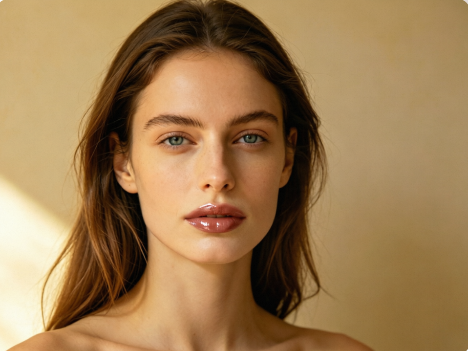 Front portrait of a young Caucasian woman wearing mirror-finish dusty rose lipstick, showcasing a plump, 3D glass lip effect.