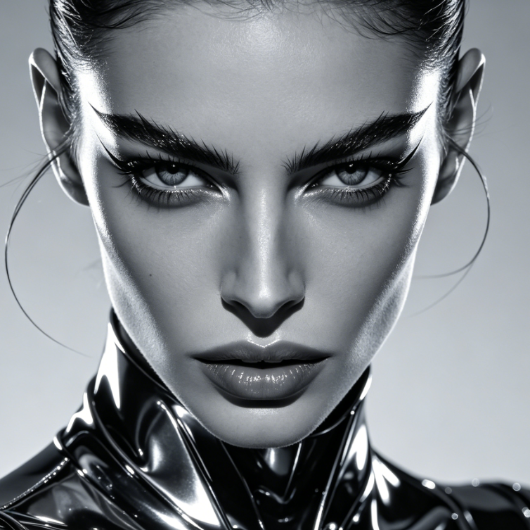 Portrait of European woman, eyebrows modified into sharp three-dimensional European sword brows with sleek lines, showing bold and domineering temperament