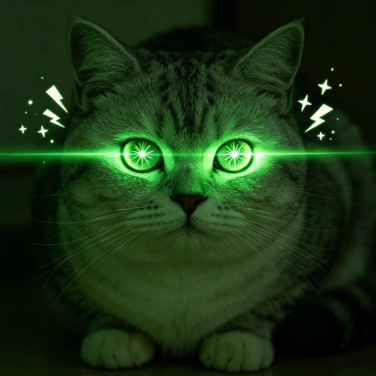 Realistic portrait of lovely cat, dim green glowing laser eyes releasing soft light, forming interesting and unique playful visual scene