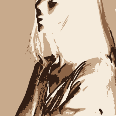 AI Stencil woodcut print effect artistic portrait of European woman, four-tone gradient layers, wood grain paper rough cut texture, traditional printmaking grain, minimalist black white brown palette, 4:3 ratio art print material
