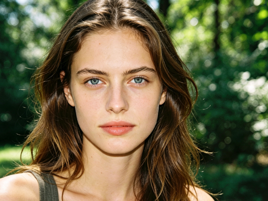 No changes to character details, AI retouched natural three-dimensional wild eyebrows with clear hair layers, beautified facial features