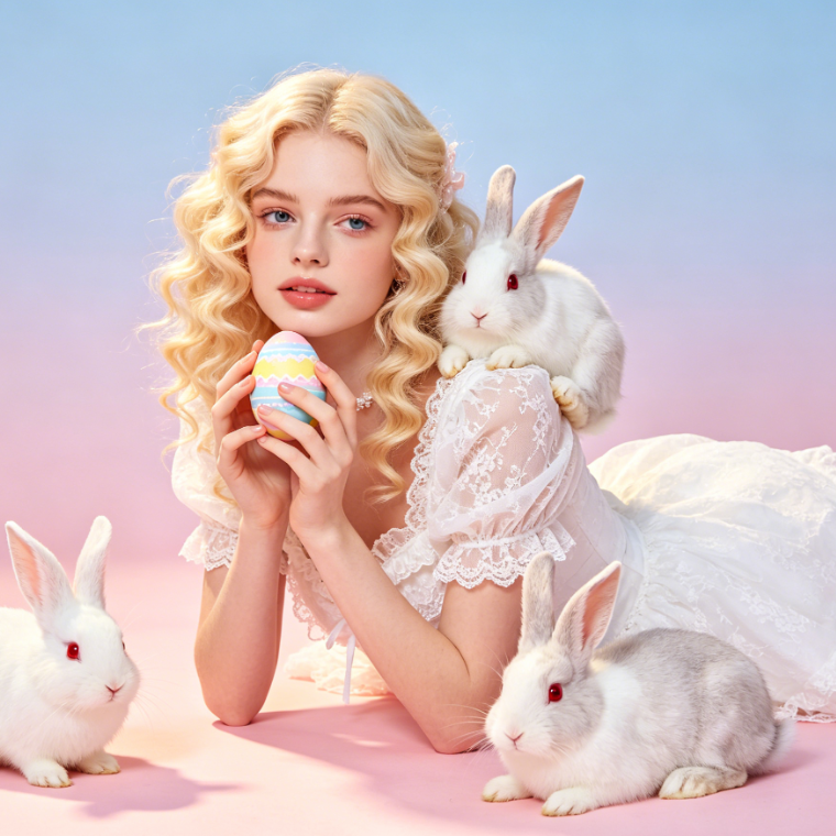 4:3 centered composition, brown-haired European girl in a light blue square-neck dress, holding a light brown rabbit with a pink bow tie, sitting on a vintage white chair with colorful Easter eggs scattered on her skirt, soft and warm pastoral style.