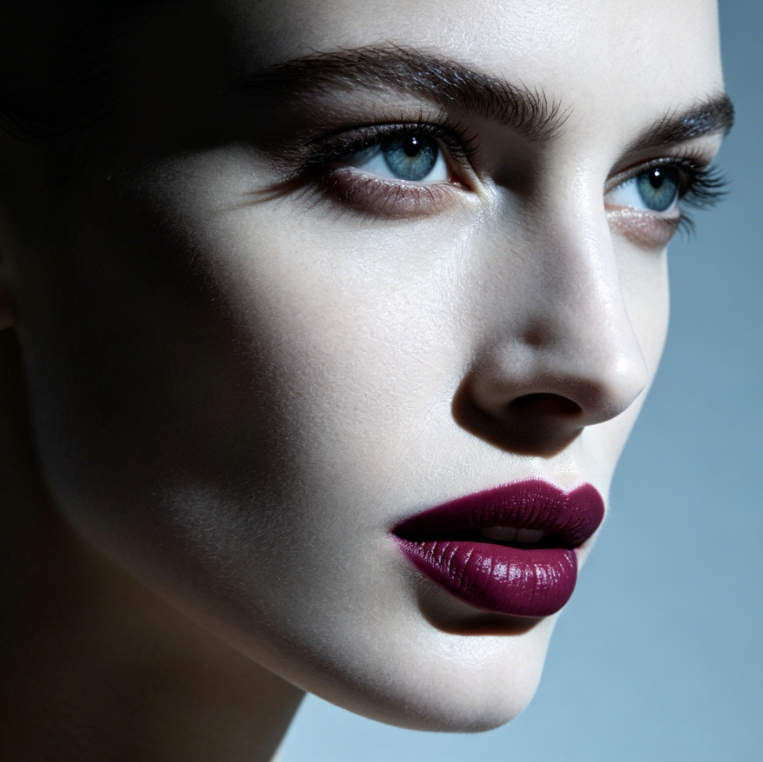 4:3 profile fashion shot of a European woman against a cool blue-gray background, wearing matte berry plum lipstick with defined full lips, rich cool tone matching the lighting for a high-end edgy vibe.