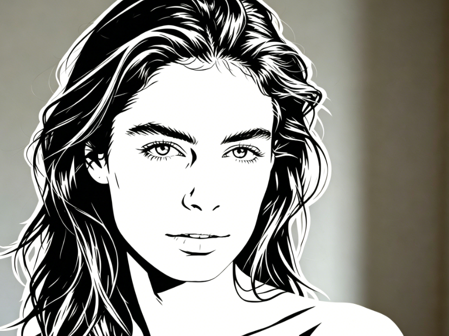 A high-contrast black and white line art portrait of a woman with long, wavy hair, staring directly forward with a calm expression.