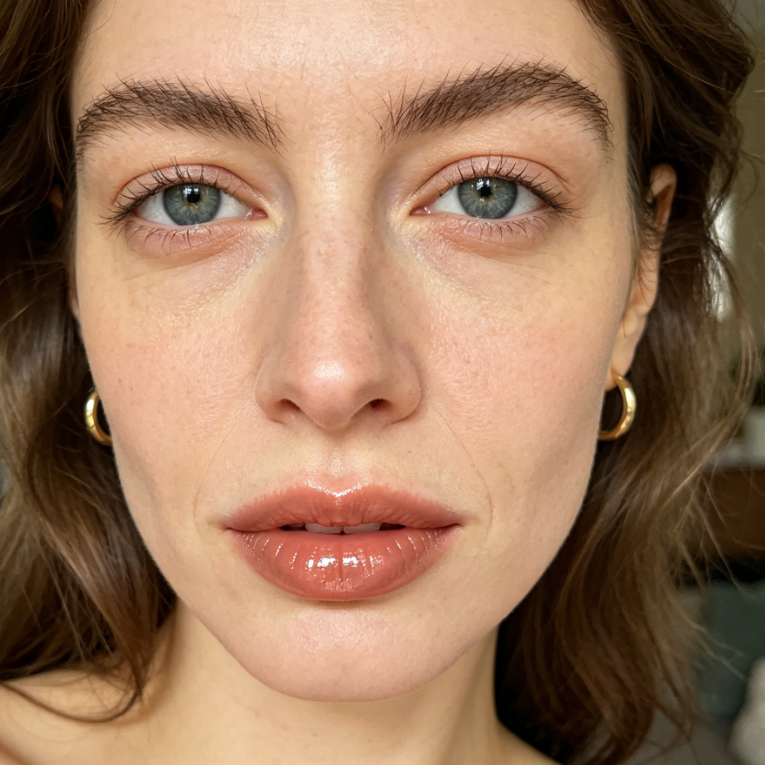 4:3 close-up portrait of a European woman in home natural light, wearing peach-colored mirror water-light lip gloss with clear glass texture and subtle highlights, creating a soft no-makeup look.