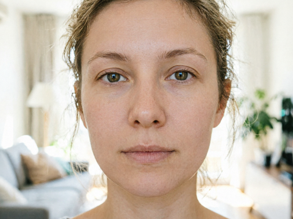 Frontal portrait of a European woman at home, realistic indoor natural light scene, lips filled with matte bright red lipstick with clear lip shape, significantly enhanced complexion.