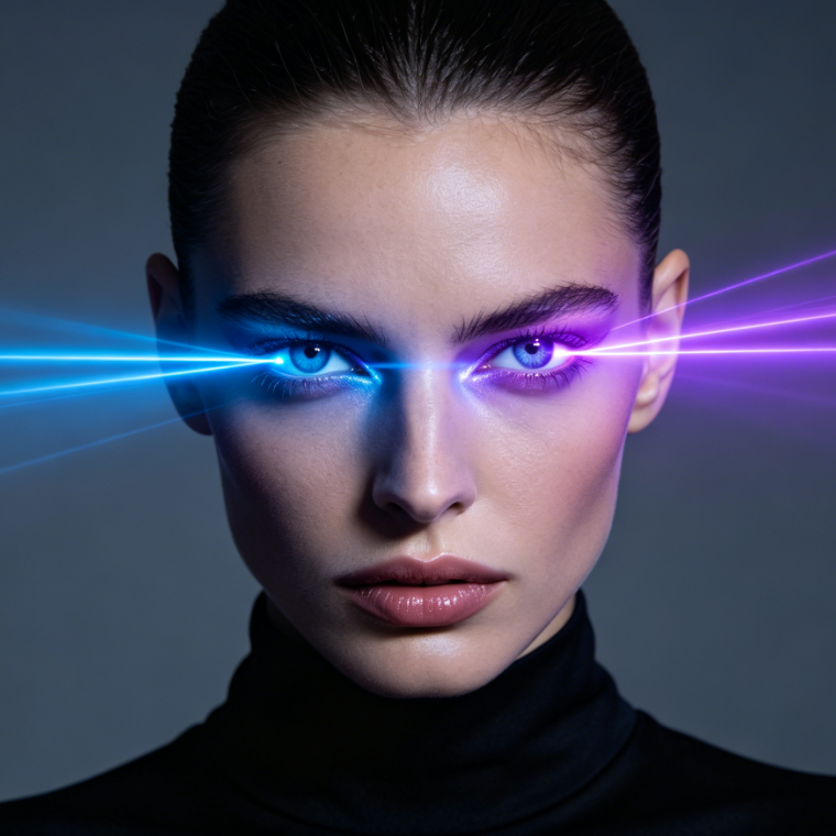 Cold temperament European female portrait, dual-color gradient laser eyes with blended light, creating fantastic and futuristic visual atmosphere