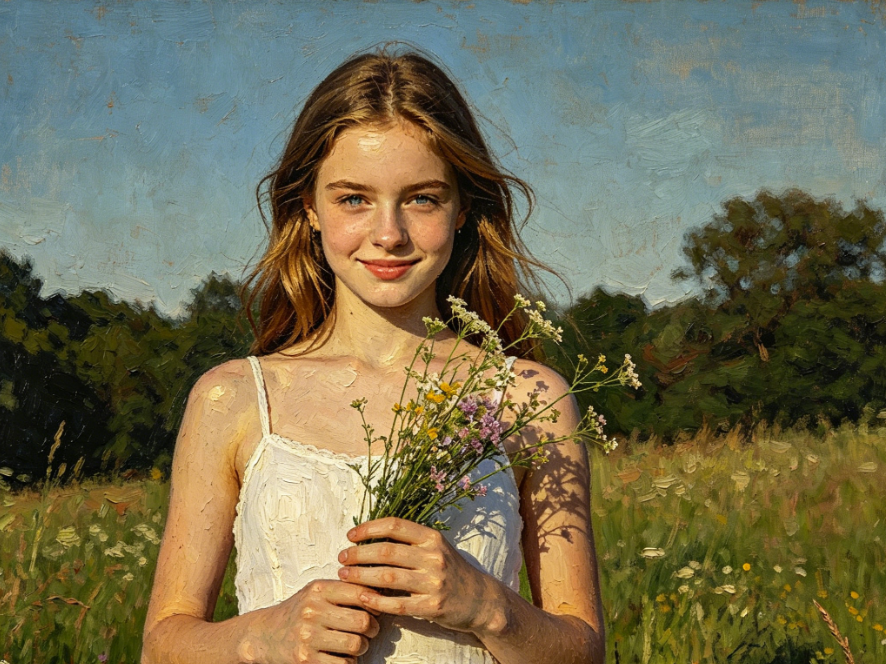 4:3 impressionist oil painting of the European girl in the meadow, retaining the original pose and scene, with thick oil paint strokes, warm sunlit gradients, vivid layered colors, clear canvas texture, creating a dreamy artistic vibe.