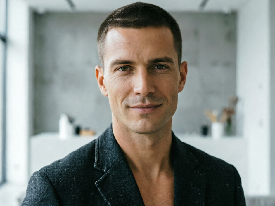 A 4:3 realistic half-body photo of a handsome Caucasian man with a calm and natural expression, featuring clear details of his clothing and hairstyle. 