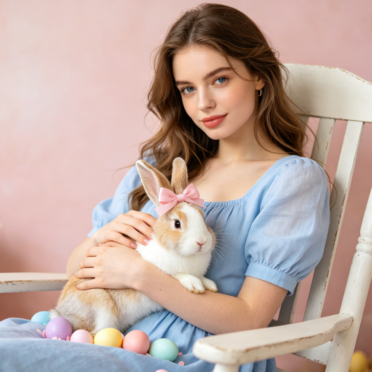4:3 centered composition, curly blonde European girl in a white lace dress, lying prone and holding a colorful Easter egg, surrounded by three red-eyed white rabbits against a pink-blue gradient background, dreamy and romantic with fairy-tale charm.