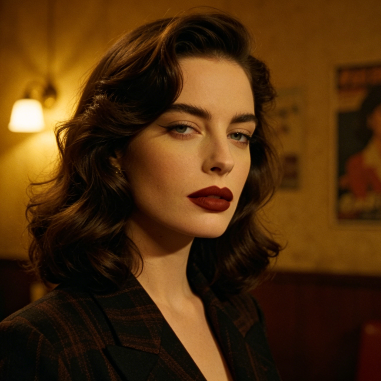 4:3 vintage-style portrait of a European woman in warm yellow indoor lighting, wearing matte reddish-brown lipstick with rich foggy texture, blending with low-saturation film tones for classic retro Hong Kong style.