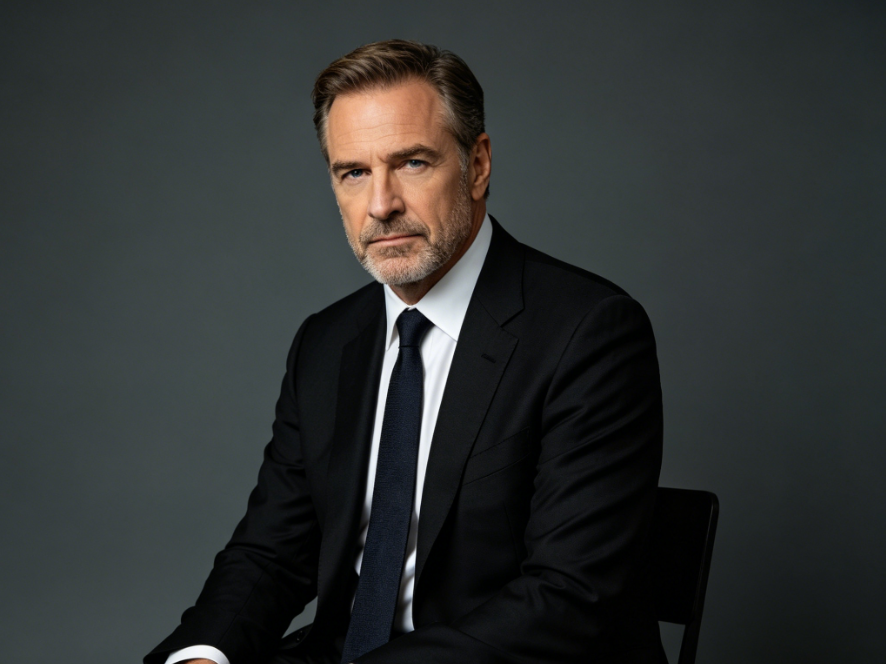 4:3 realistic portrait of a middle-aged European man in formal wear, wearing a black suit, white shirt, and dark blue tie, sitting on a chair against a plain dark gray background, with a calm and solemn expression, professional business photography.