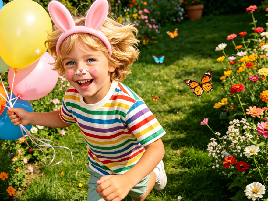 Same child portrait with pink 3D bunny ears, cute effects create lovely Easter festive atmosphere