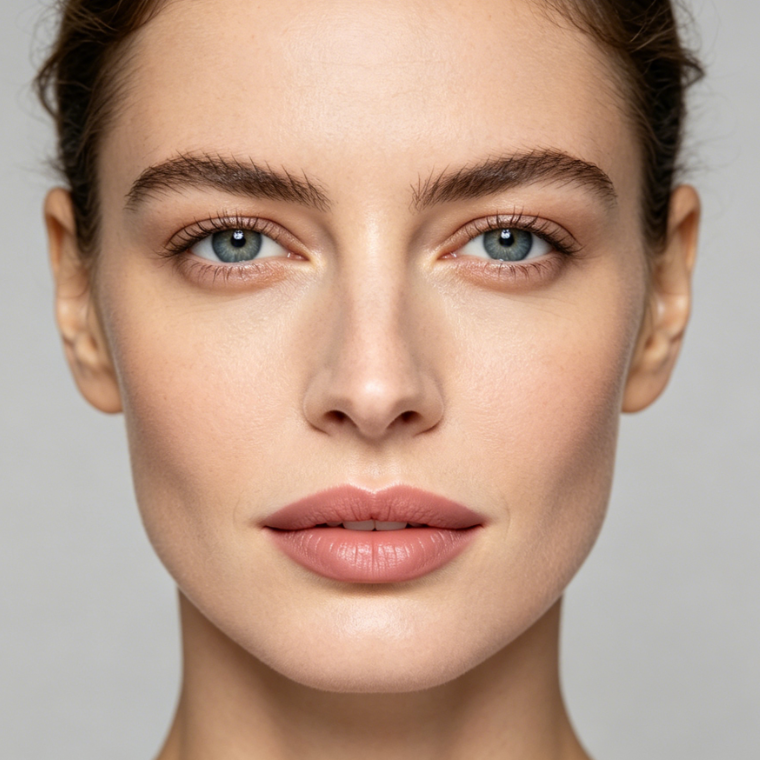 4:3 ID photo-style portrait of a European woman against a light gray background, wearing matte nude pink lipstick with a natural understated tone and neat lip shape, suitable for formal ID photos.