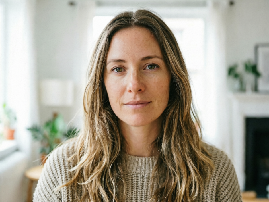 A 4:3 realistic portrait of a Caucasian woman facing forward with a natural expression, set against a simple everyday indoor background with soft, realistic lighting.