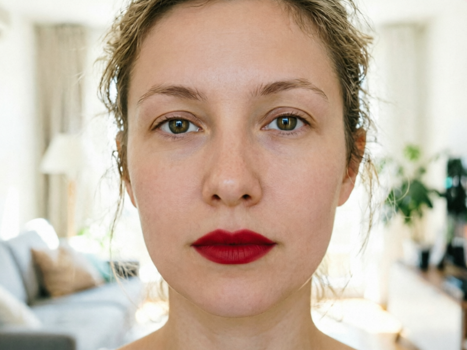 The same European woman in the same home portrait, realistic indoor natural light scene, lips in natural bare unmade-up state, fresh and makeup-free overall style.