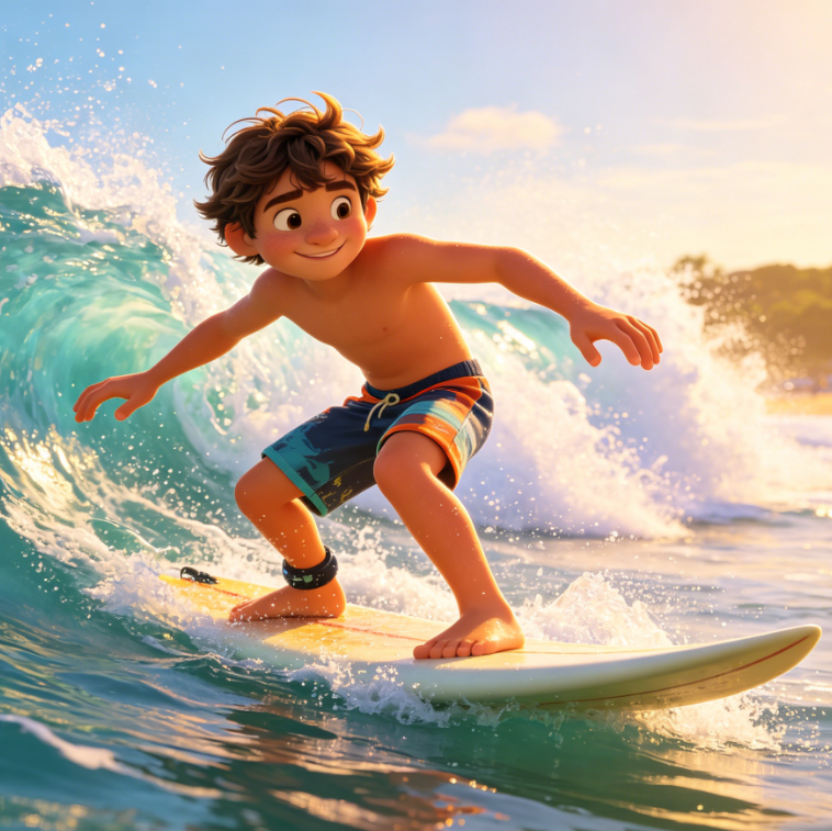 Pixar-style 3D animation of a European teen boy surfing at the beach, wearing striped swim trunks with dynamic pose, splashing waves and warm sunlight, full of vibrant summer energy.