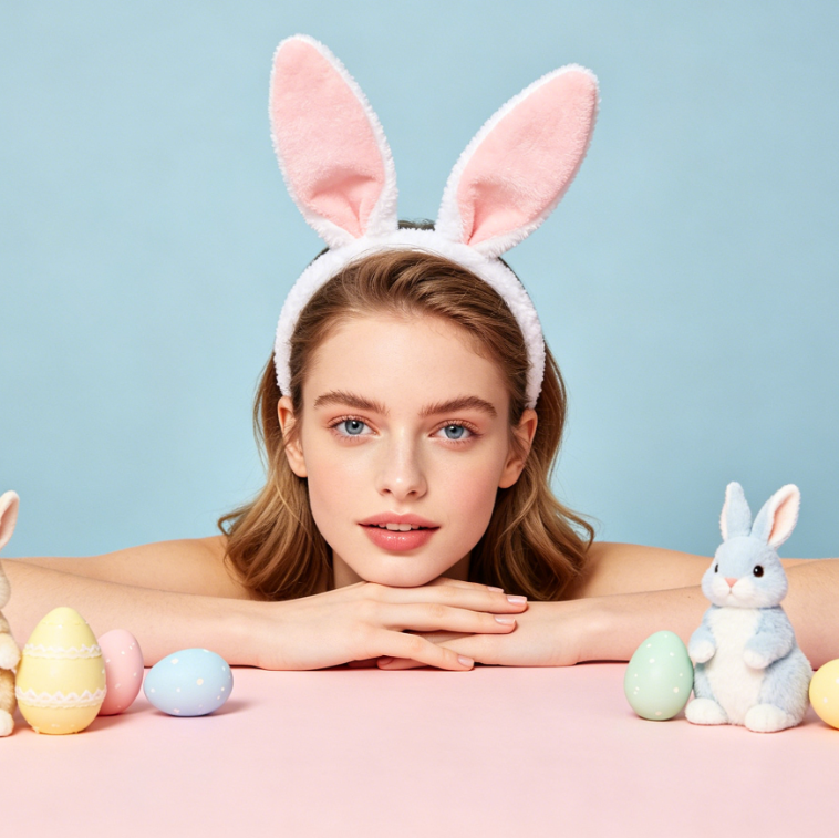 4:3 centered composition, light brown-haired European girl wearing a pink fluffy bunny ear headband, resting elbows against a pink and blue two-tone background, with Easter eggs and plush bunny toys scattered on the table, soft and healing with full girlish charm.