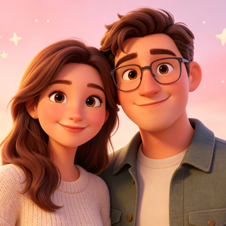 Pixar-style 3D animation of a cute European couple, girl in cream sweater and boy with black glasses in denim jacket, against a dreamy pink-purple sky, warm and romantic vibe.