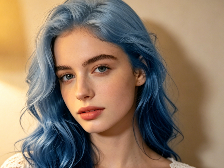 4:3 portrait of the same young European woman, edited with an AI blue hair filter to create a gradient effect from light blue at the roots to dark blue at the ends, with natural hair layers, preserving the original warm lighting for a soft and dreamy look.