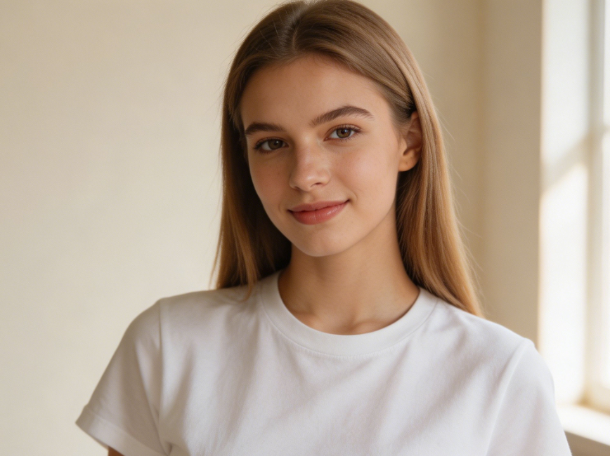 Half-body portrait of a young European woman in indoor natural light, casual straight hair, simple solid-color t-shirt, relaxed posture, clean background, daily life portrait, 4:3 aspect ratio portrait photography