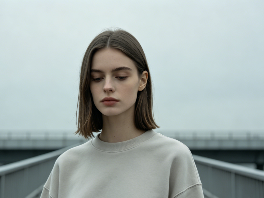 Bust portrait of a minimalist-style European woman on a city overpass under overcast diffused light, shoulder-length straight hair, wearing a basic solid-color sweatshirt, aloof and quiet temperament, clean and simple background