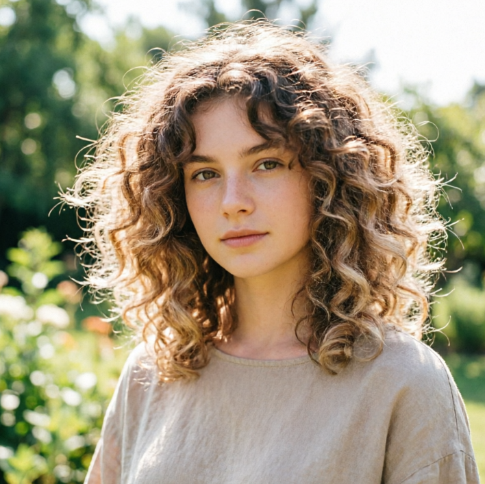 Portrait of a young European woman backlit in an outdoor garden, milk tea brown natural tight curls medium-long hair, strands glowing in sunlight, light beige oversized top outfit, fresh and lazy vibe, greenery background