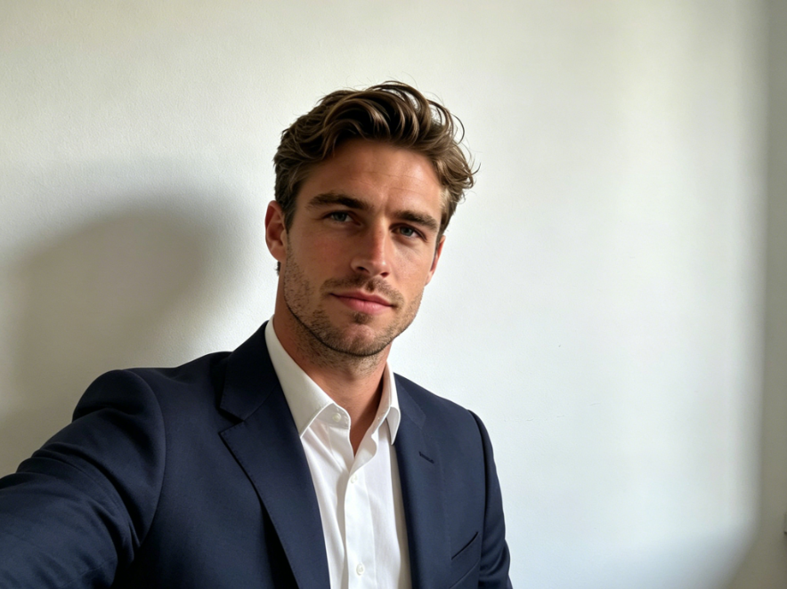 Indoor natural light half-body selfie of the same man, wearing a tailored navy blue business suit over a crisp white dress shirt, the suit matching the original natural light perfectly, clean shoulder lines, formal yet neat ID photo style, 4:3 aspect ratio portrait photography