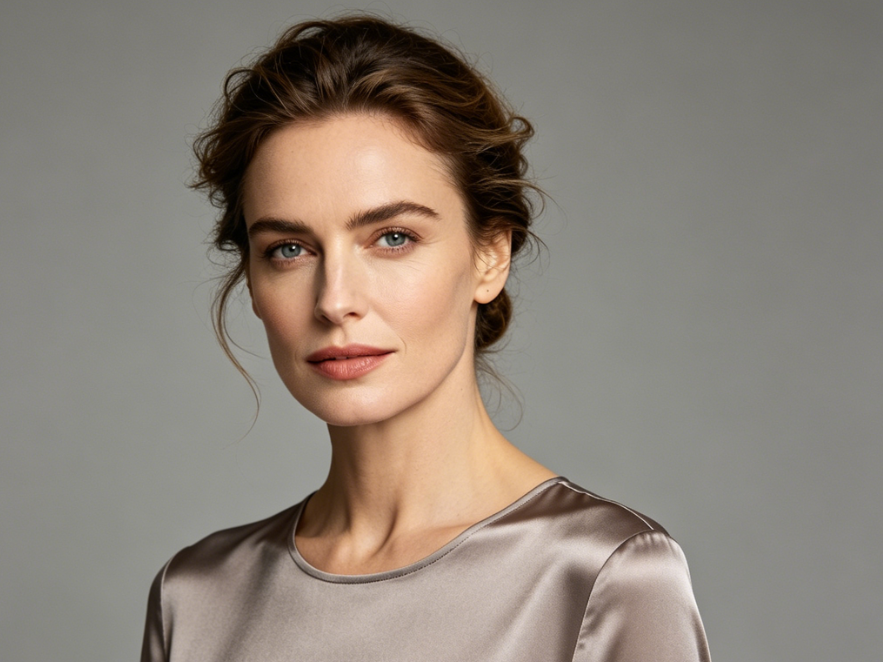 Bust portrait of a mature European woman shot with soft light in a minimalist gray studio, low bun hairstyle, wearing a solid silk top, elegant posture, intellectual temperament, 4:3 aspect ratio portrait photography