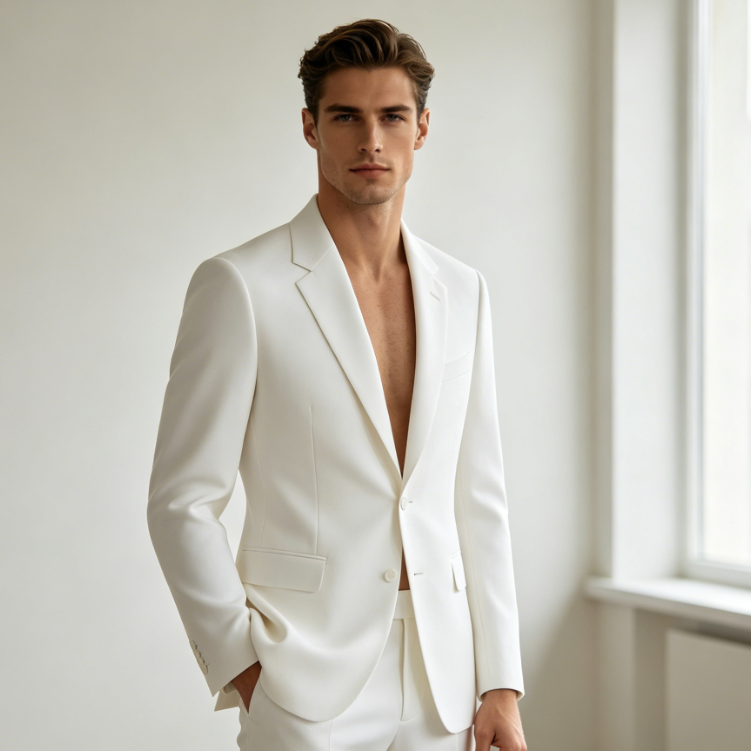 Half-body portrait of a man in a minimalist white room under natural light, wearing a tailored pure white suit without a shirt, one hand in his pocket with a sharp and neat posture, against a clean white wall and window background, high-end business elite style, 4:3 aspect ratio portrait photography