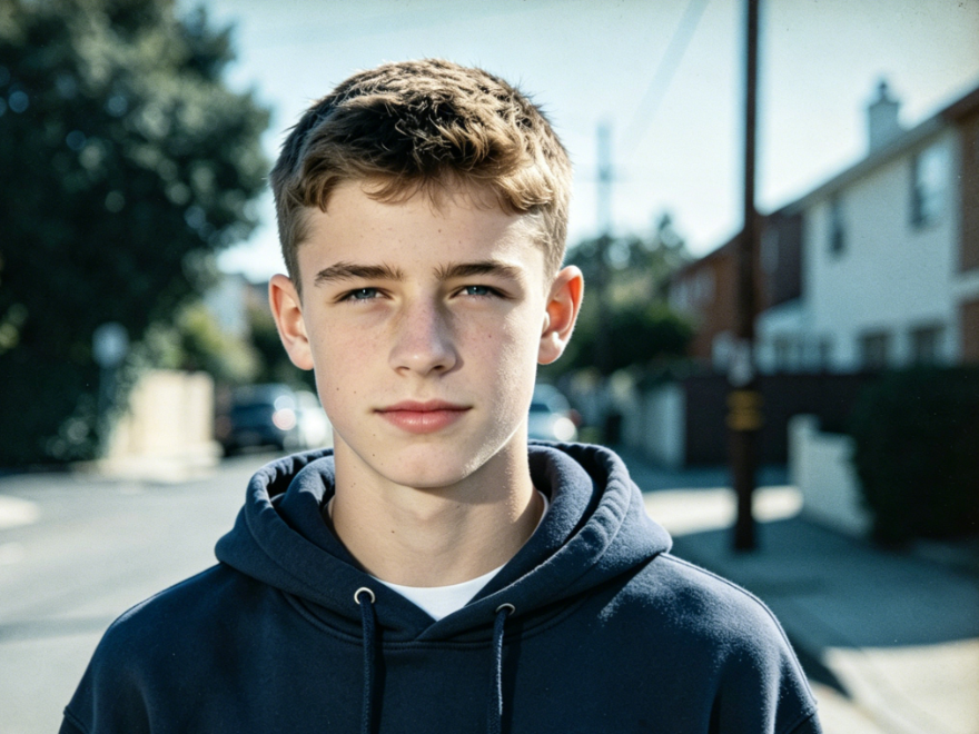 Portrait of a European teen in outdoor natural sunlight, with AI Yearbook Filter applied, Y2K-style school yearbook aesthetic, desaturated retro cool tones, film vignetting, formal yearbook-style expression, preppy styling, vintage photo texture, 4:3 aspect ratio portrait photography