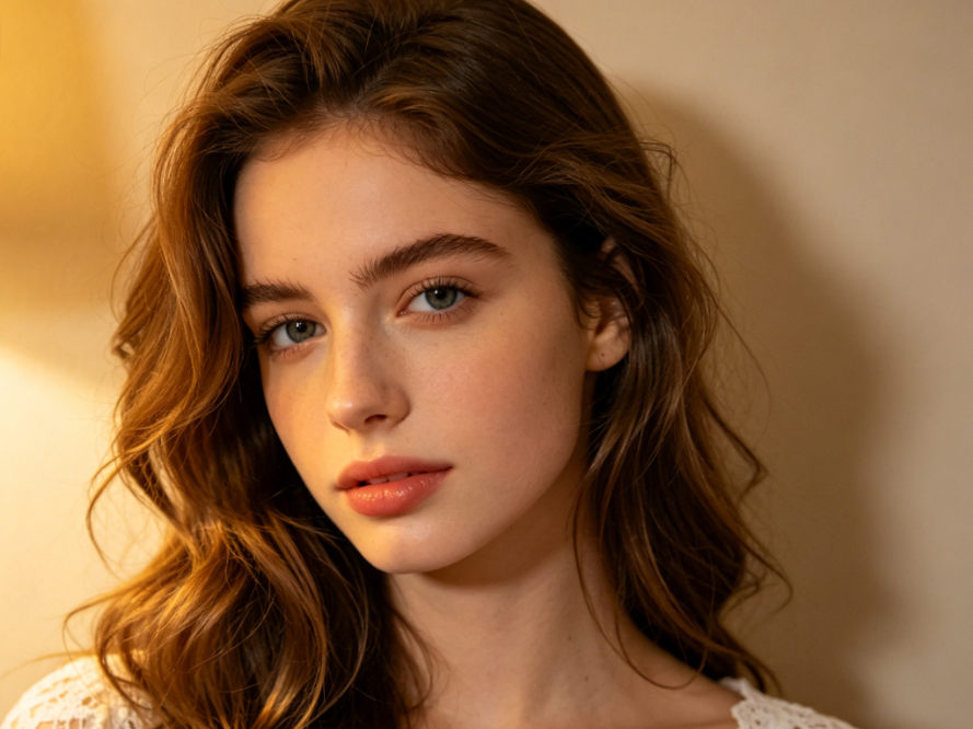 4:3 portrait of a young European woman in soft indoor light, with wavy light brown hair, wearing a white lace top, with a calm expression, warm-toned lighting, against a beige wall and table lamp background.