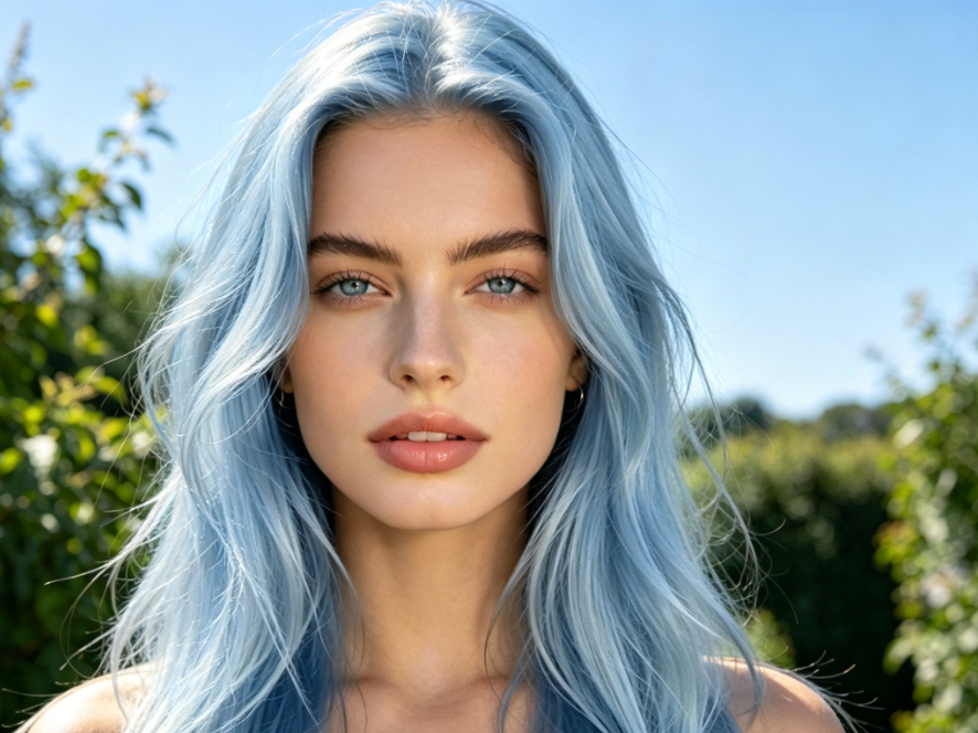 4:3 portrait of the same European woman outdoors, edited with an AI blue hair filter to give her hair a translucent ice blue color with clear layers and even tone, preserving the natural sunlight for a fresh and dreamy blue hair look.
