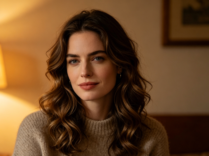Indoor warm-lit half-body portrait of a woman with wavy brown hair, wearing a beige knit sweater, sitting in a cozy room with a soft table lamp glow in the background, 4:3 aspect ratio