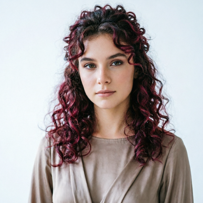 Half-body portrait of a European woman against a plain white indoor background, burgundy highlighted tight curls medium-long hair, natural volume and sheen, light brown satin top outfit, cool and retro vibe