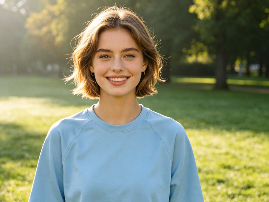 Bust portrait of an energetic European girl in a park meadow under soft natural morning light, light brown short hair, wearing a loose sports T-shirt, bright smile, fresh outdoor scene