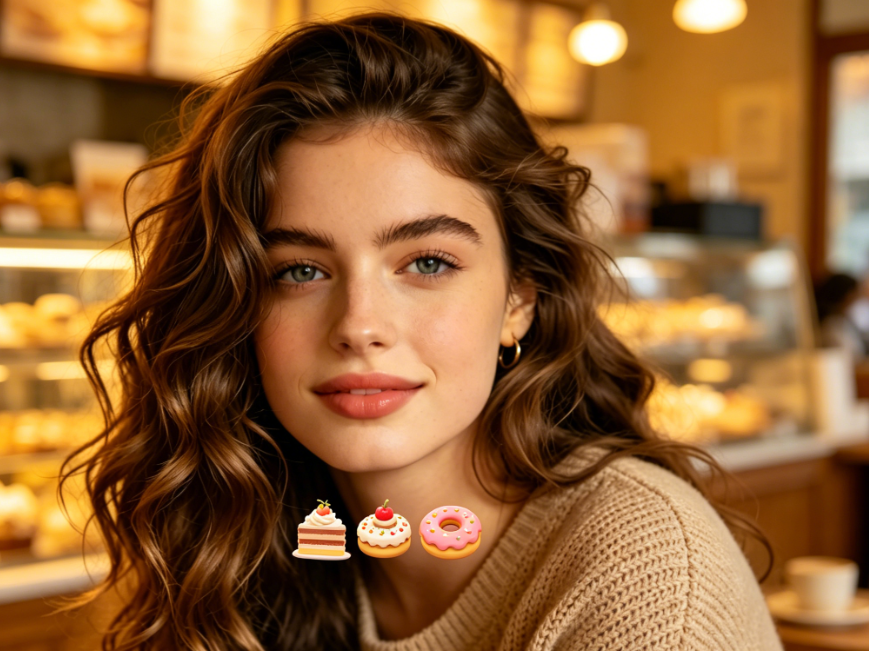 Bust portrait of the same European woman in the dessert shop, modified with Add Emoji to Photo to add dessert and donut emojis at the corners of the frame, colors matching the warm yellow lighting, small and delicate elements enhancing the sweet afternoon tea atmosphere