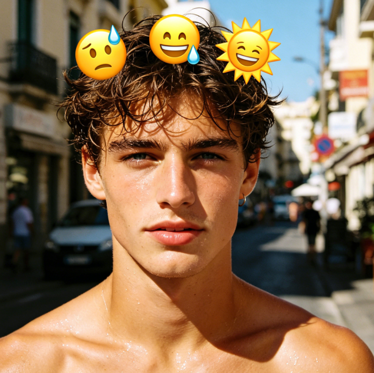 Bust portrait of an energetic European man under strong midday sunlight on a summer street, wavy short hair, sun-kissed skin with visible sweat, modified with Add Emoji to Photo to add sweat drop and sun emojis above the head, light matching the strong sunlight, vividly capturing the fun of summer heat