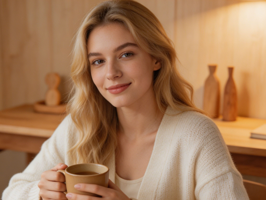 Bust portrait of a young European woman at a light wood desk, blonde hair, cream knit cardigan, hands holding a coffee cup, hands naturally visible, nails in natural nude color, 4:3 aspect ratio portrait photography