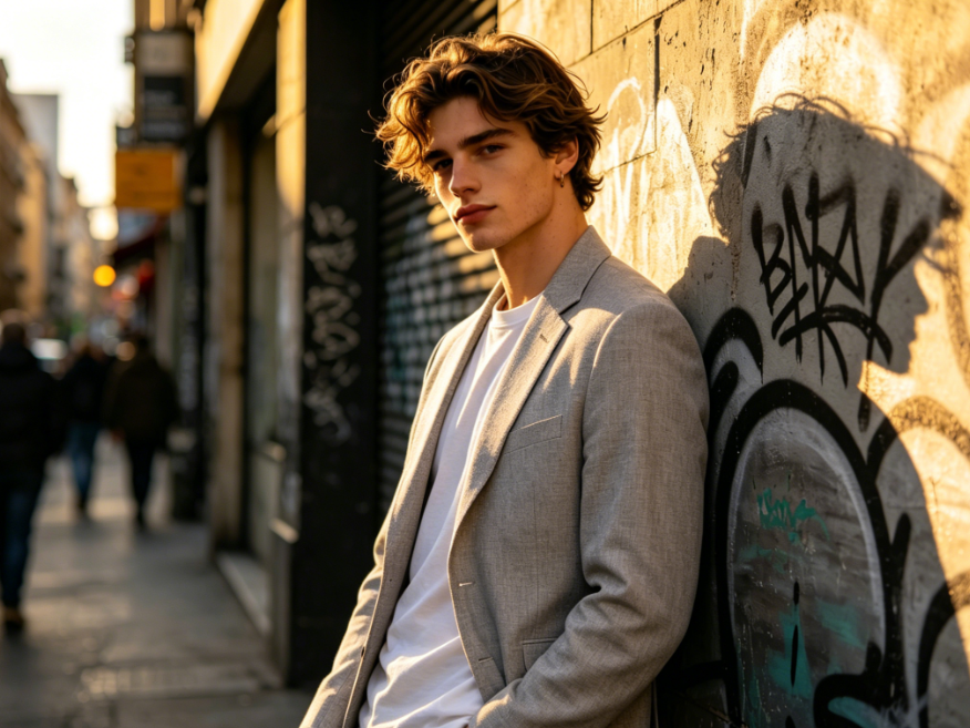 Outdoor street half-body portrait of the same young man leaning against the graffiti wall, wearing a light gray textured casual blazer over a plain white T-shirt, the suit matching the original side backlight perfectly, edges natural and unforced, relaxed street style, 4:3 aspect ratio